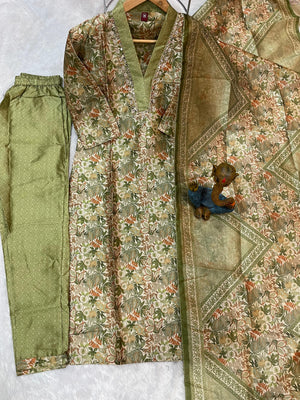 Hanch Zarna Silk Embroidered Straight Kurti Set – Sage Green