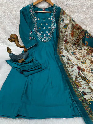 Hanch Premium Marina Silk Embroidered Straight Kurti Set – Firozi