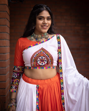 Hanch Navratri Orange White Arches Patch Work Lehenga Set