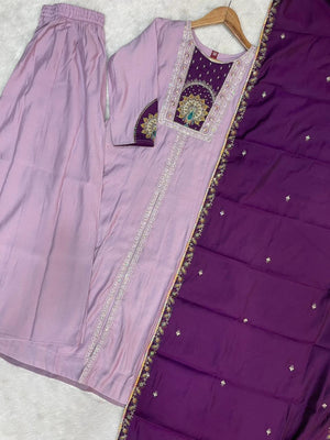 Hanch Roman Silk Embroidered Anarkali Kurti Set – Light Lovender