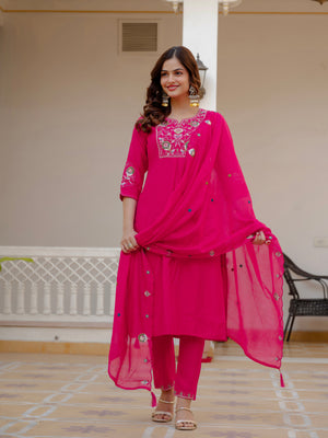 Hanch Pure Viscose Mango Silk Embroidered Straight Kurti Set – Pink
