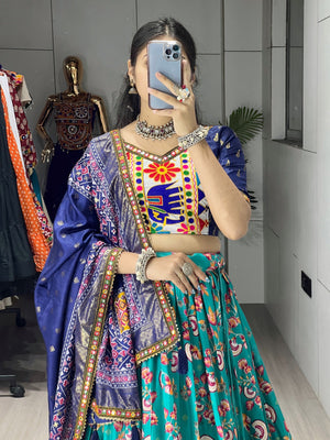 Hanch Navratri Firozi Floral Dola Lehenga Set - Blouse Unstitched