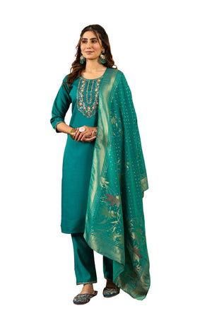 Hanch Marina Silk Embroidered Straight Kurti Set – Rama Green