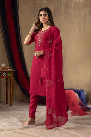 Hanch Roman Silk Embroidered Straight Kurti Set – Rani Pink