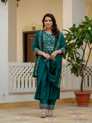 Hanch Viscose Roman Silk Embroidered Anarkali Kurti Set – Teal