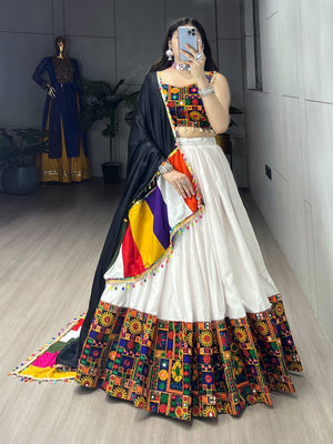 Hanch Navratri White Gamthi Mirror Work Lehenga Set