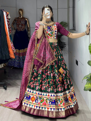 Hanch Navratri Green Floral Dola Lehenga Set - Blouse Unstitched