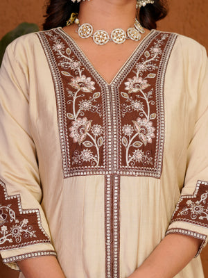 Hanch Roman Silk Embroidered Anarkali Kurti Set – Cream