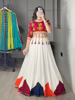 Hanch Navratri White Maroon Gauri Lehenga Set