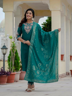 Hanch Premium Roman Silk Embroidered Straight Kurti Set – Rama Green
