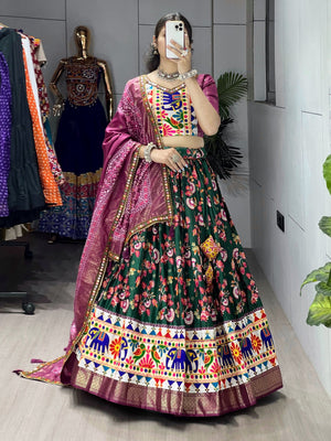 Hanch Navratri Green Floral Dola Lehenga Set - Blouse Unstitched