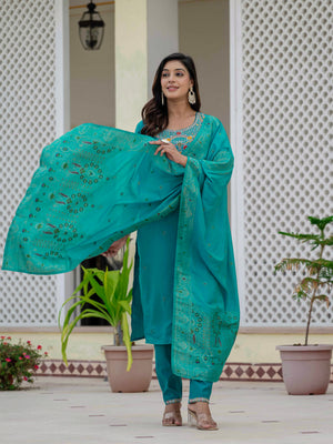 Hanch Premium Roman Silk Embroidered Straight Kurti Set – Firozi