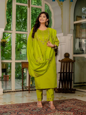 Hanch Marina Silk Embroidered Straight Kurti Set – Parrot Green