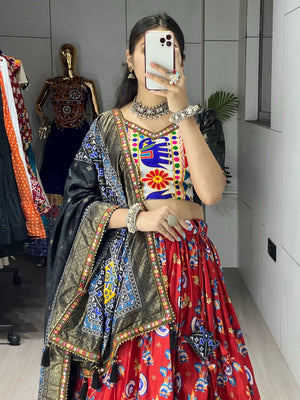 Hanch Navratri Red Floral Dola Lehenga Set - Blouse Unstitched