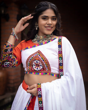 Hanch Navratri Orange White Arches Patch Work Lehenga Set