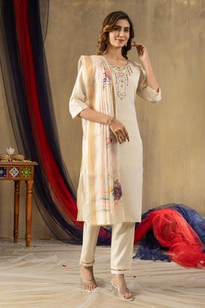 Hanch Shimmer Gold Silk Embroidered Straight Kurti Set – Off White