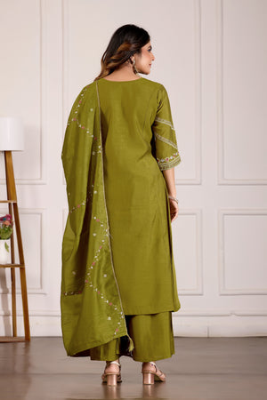 Hanch Viscose Mango Silk Embroidered Anarkali Kurti Set – Mahendi Green