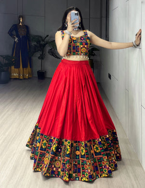 Hanch Navratri Red Gamthi Mirror Work Lehenga Set