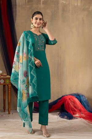 Hanch Roman Silk Embroidered Straight Kurti Set – Rama Green