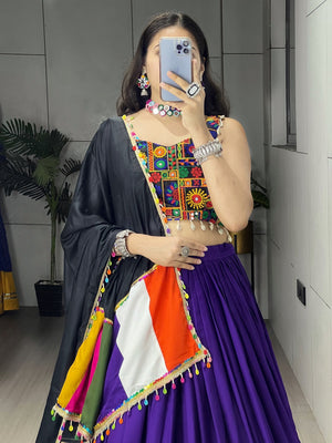 Hanch Navratri Purple Gamthi Mirror Work Lehenga Set