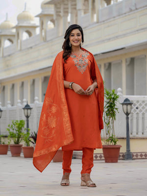 Hanch Premium Roman Silk Embroidered Straight Kurti Set – Orange