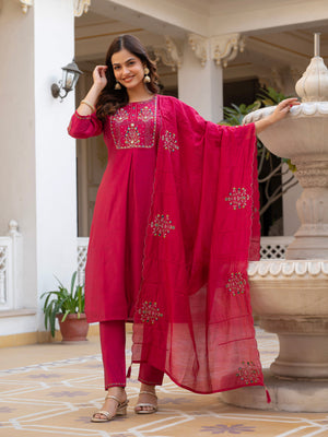 Hanch Pure Viscose Mango Silk Embroidered Straight Kurti Set – Pink