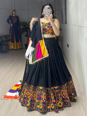 Hanch Navratri Black Gamthi Mirror Work Lehenga Set