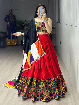Hanch Navratri Red Gamthi Mirror Work Lehenga Set