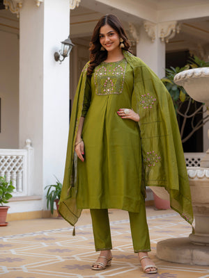 Hanch Pure Viscose Mango Silk Embroidered Straight Kurti Set – Mhendi Green
