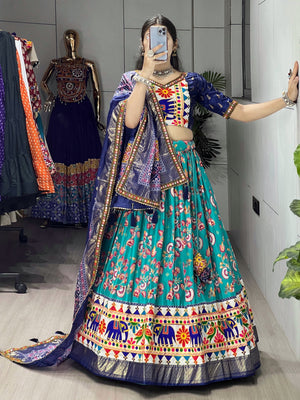 Hanch Navratri Firozi Floral Dola Lehenga Set - Blouse Unstitched
