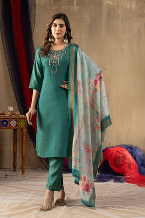 Hanch Shimmer Gold Silk Embroidered Straight Kurti Set – Rama Green
