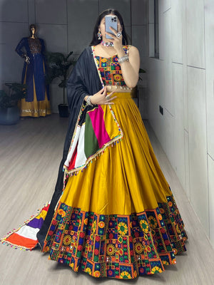 Hanch Navratri Mustard Gamthi Mirror Work Lehenga Set