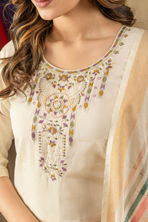 Hanch Shimmer Gold Silk Embroidered Straight Kurti Set – Off White