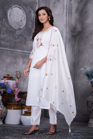 Hanch Roman Silk Embroidered Straight Kurti Set – White