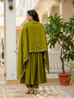 Hanch Viscose Roman Silk Embroidered Anarkali Kurti Set – Mahendi