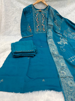 Hanch Pure Viscose Mango Silk Embroidered Straight Kurti Set – Firozi