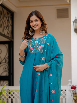 Hanch Pure Viscose Mango Silk Embroidered Straight Kurti Set – Firozi