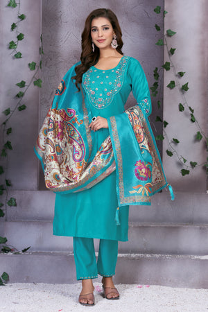 Hanch Premium Marina Silk Embroidered Straight Kurti Set – See Green