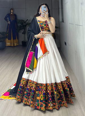 Hanch Navratri White Gamthi Mirror Work Lehenga Set