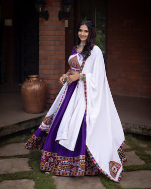 Hanch Navratri Purple White Arches Patch Work Lehenga Set