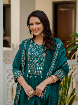 Hanch Viscose Roman Silk Embroidered Anarkali Kurti Set – Teal