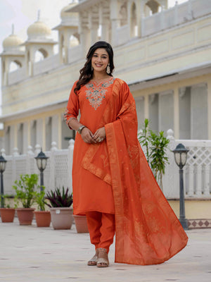 Hanch Premium Roman Silk Embroidered Straight Kurti Set – Orange