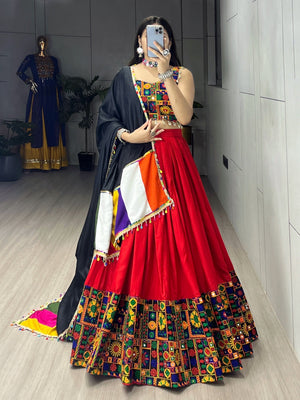 Hanch Navratri Red Gamthi Mirror Work Lehenga Set
