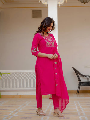 Hanch Pure Viscose Mango Silk Embroidered Straight Kurti Set – Pink