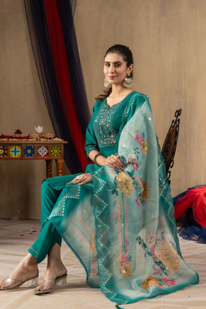 Hanch Roman Silk Embroidered Straight Kurti Set – Rama Green