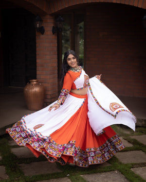 Hanch Navratri Orange White Arches Patch Work Lehenga Set