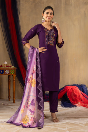 Hanch Roman Silk Embroidered Straight Kurti Set – Purple
