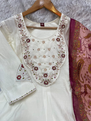 Hanch Premium Marina Silk Embroidered Straight Kurti Set – White