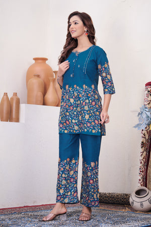 Hanch Pure Cotton Printed Co-Ords Set – Blue