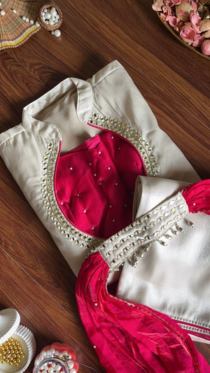 Hanch Roman Glass Silk Embroidered Kurti + Blouse + Palazzo Set – Ivory & Rani Pink